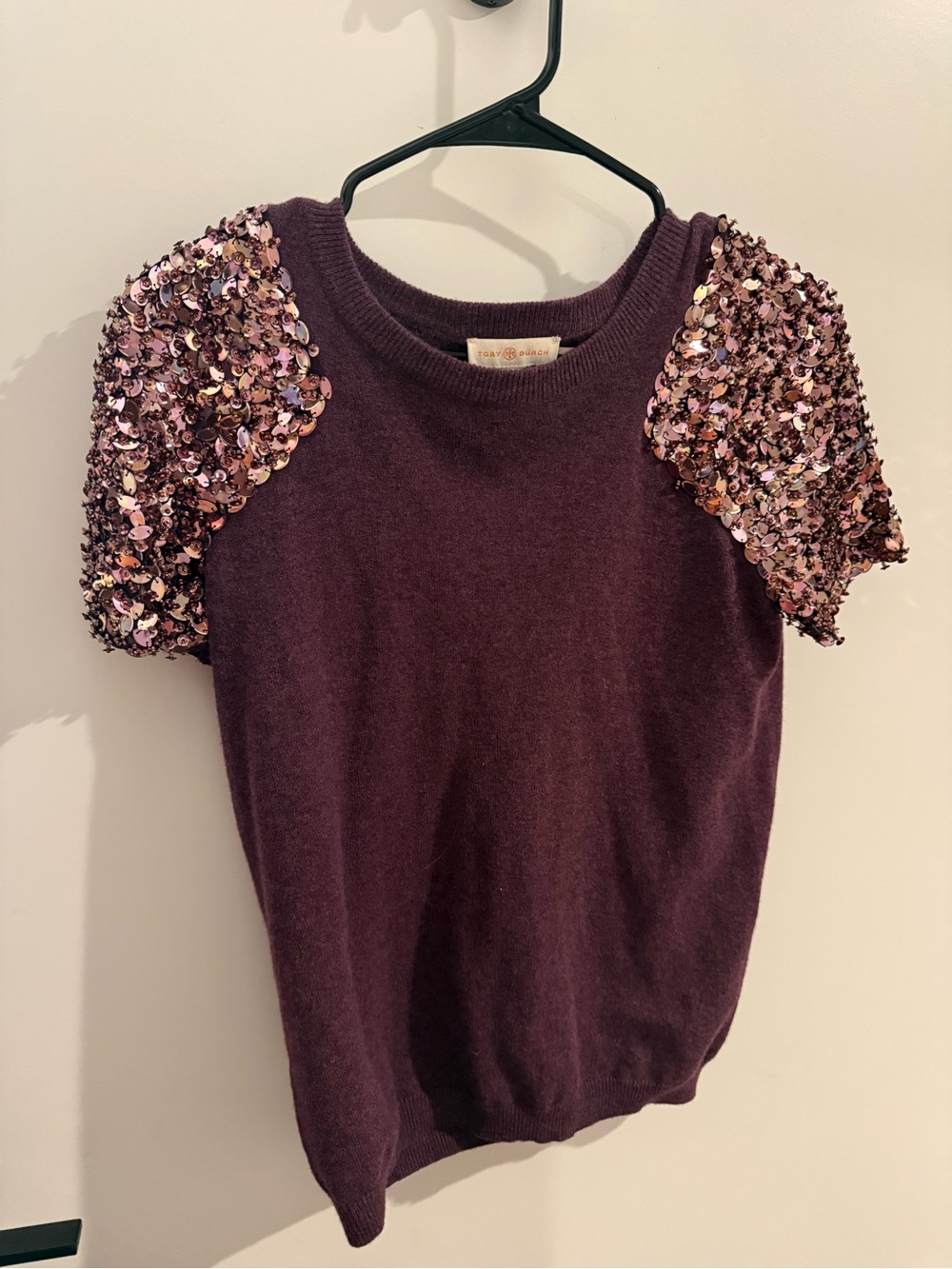 Tory Burch Bead/Sequin Puff Sleeve Knit Top - Plum